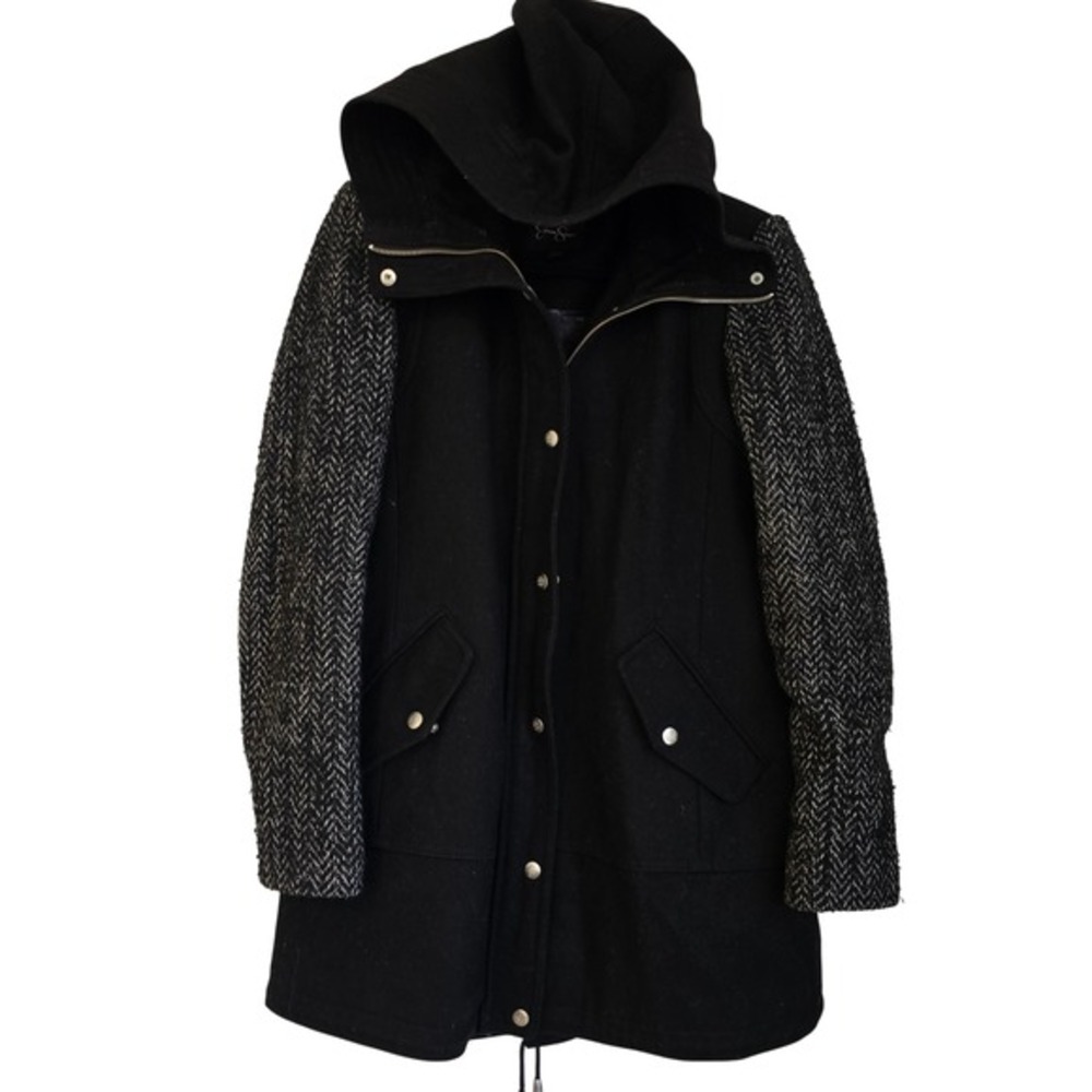 😀 Jessica Simpson Hooded Wool Blend Coat Black Herringbone Sleeve Parka‎ Jacket